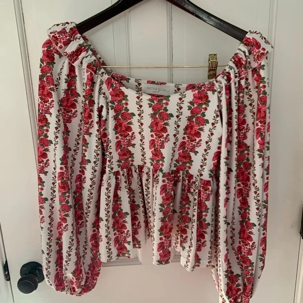 Smith & Quinn Floral Peplum Top Pink Puff Sleeve Romantic XS